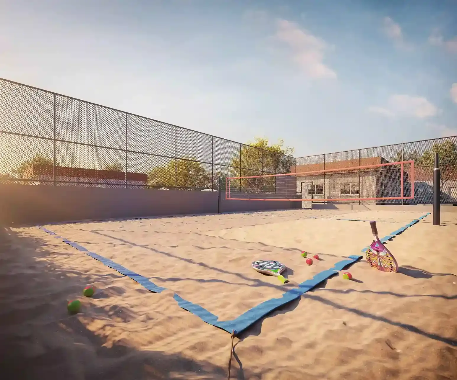 Quadra de areia para beach tennis e vôlei de praia, com alambrado