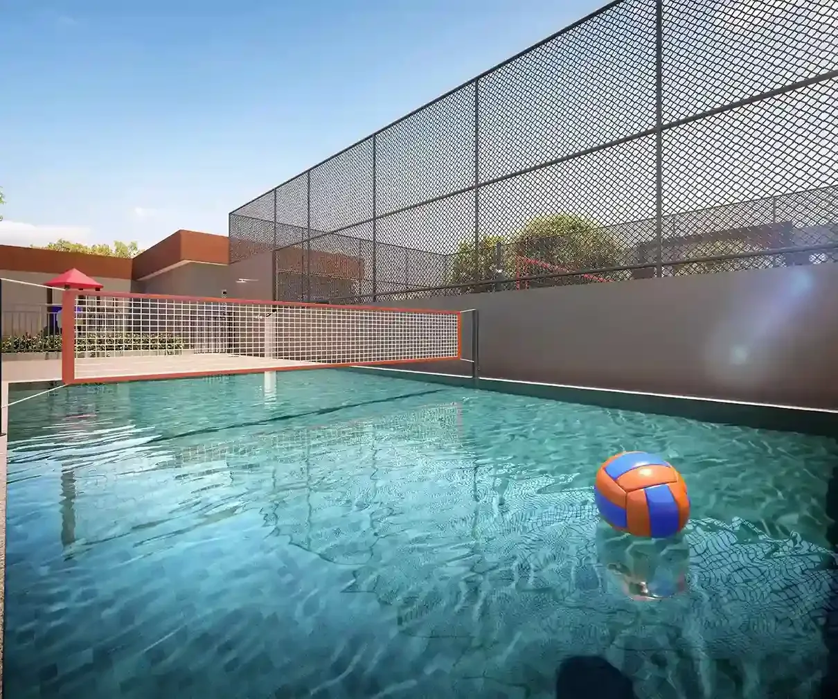 Quadra de biribol dentro da piscina, com rede e bola