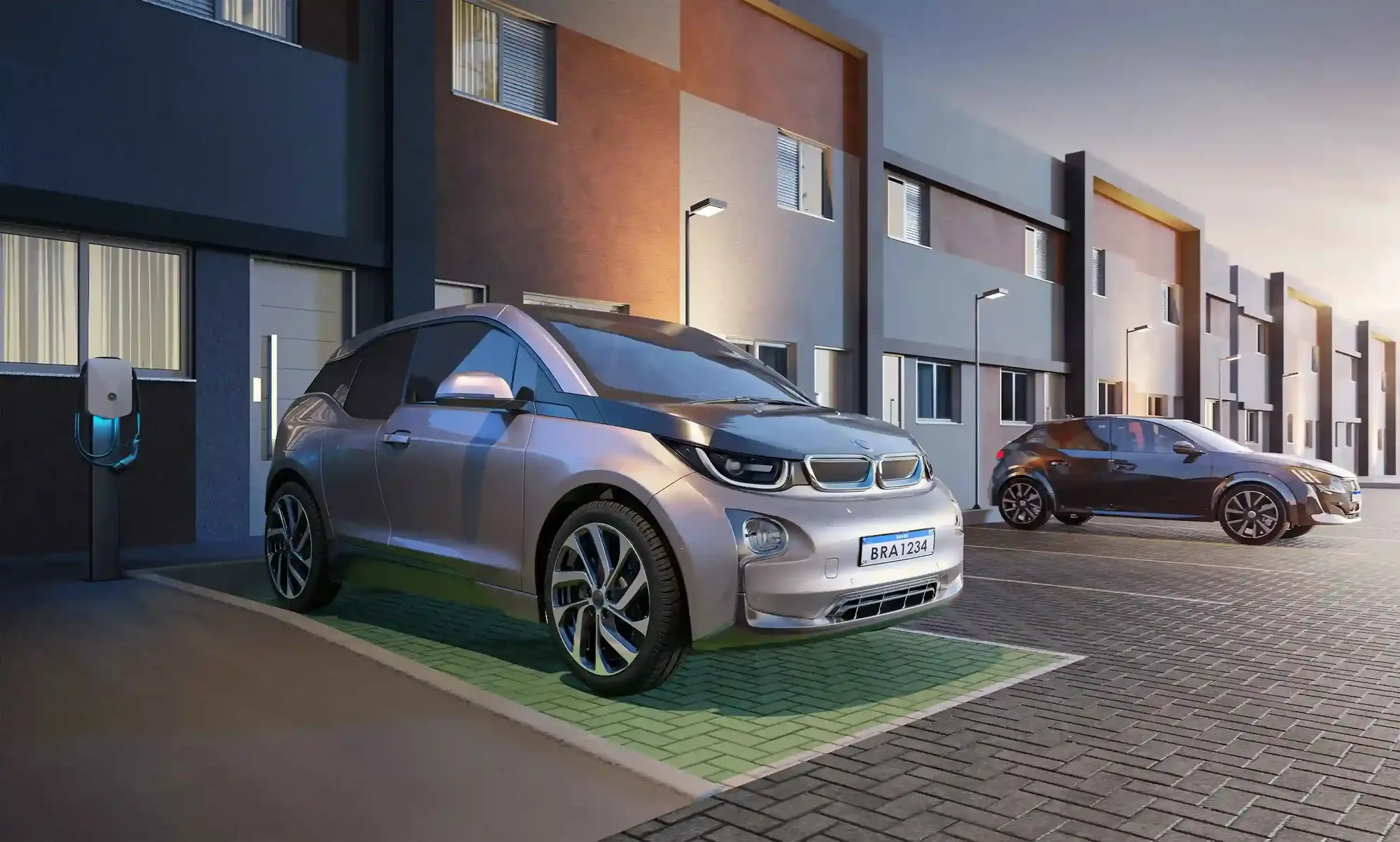 Vaga com carregador para carro elétrico em frente às casas