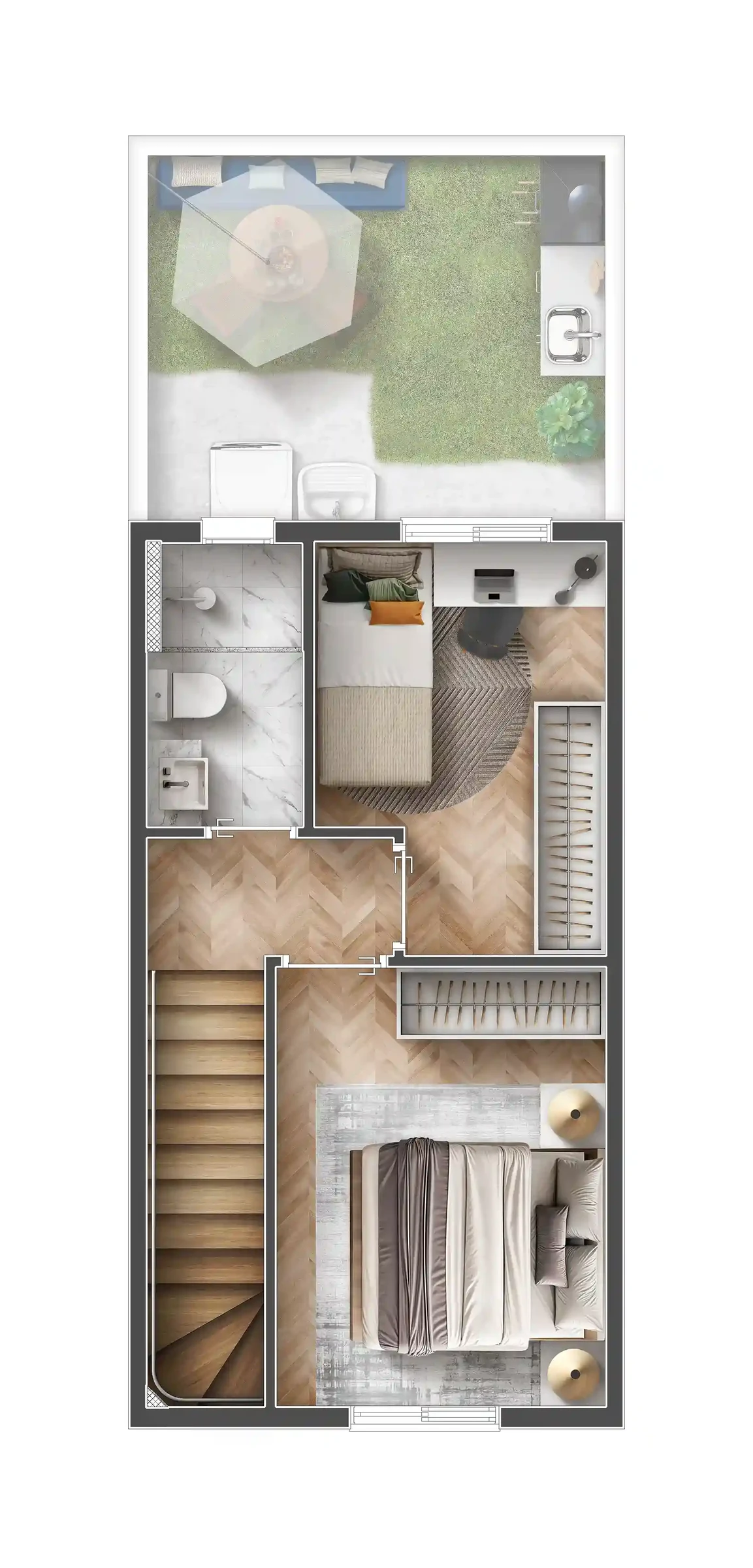 Planta do pavimento superior da casa opcional: dois dormitórios e banheiro com ventilação natural
