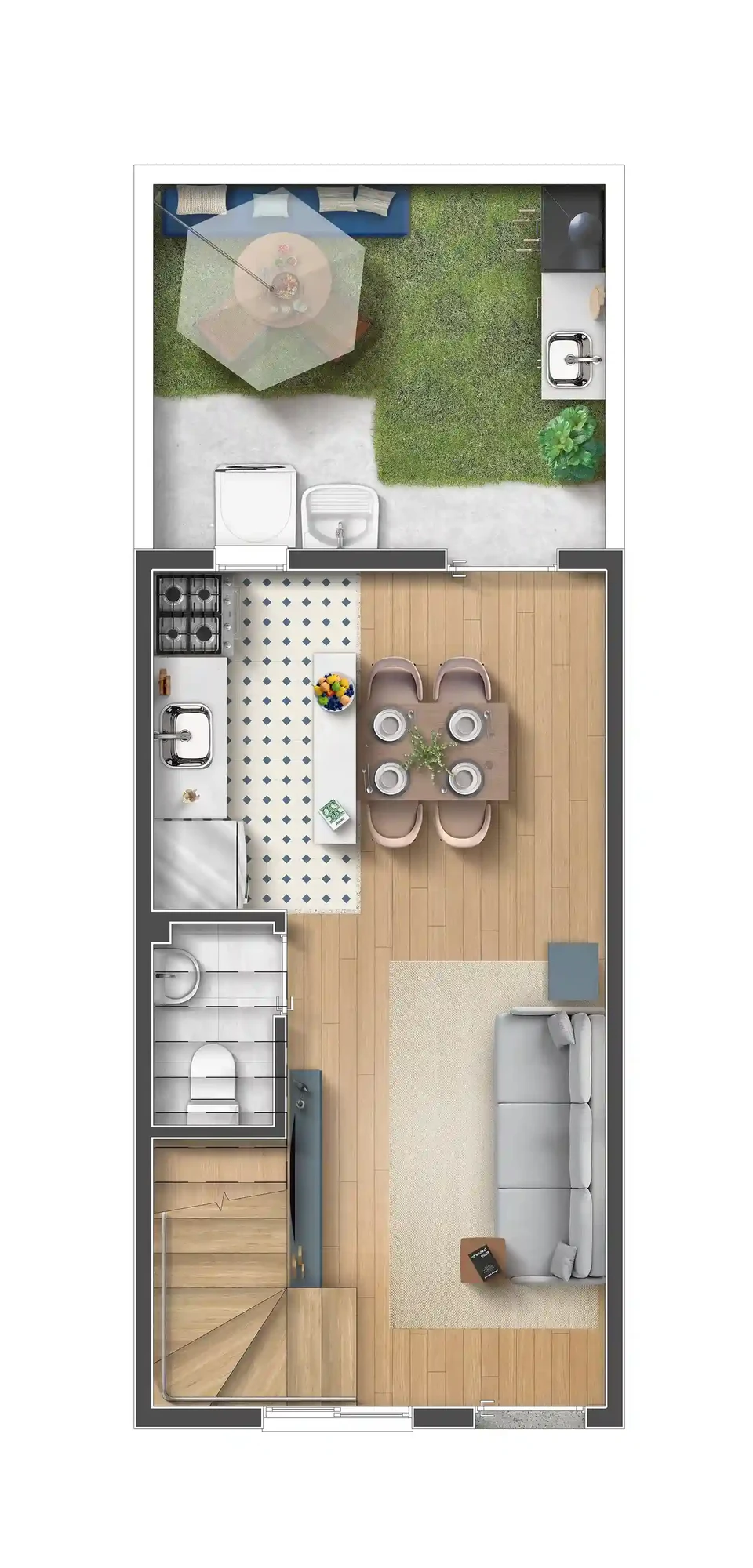 Planta do térreo da casa opcional: lavabo, living integrado com cozinha e jantar e quintal privativo