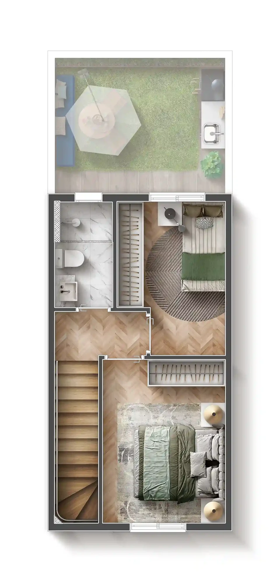 Planta do pavimento superior da casa padrão: dois dormitórios e banheiro com ventilação natural